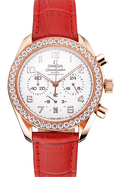 Omega Speedmaster White Dial Rose Gold Case Diamond Bezel Red Leather Strap