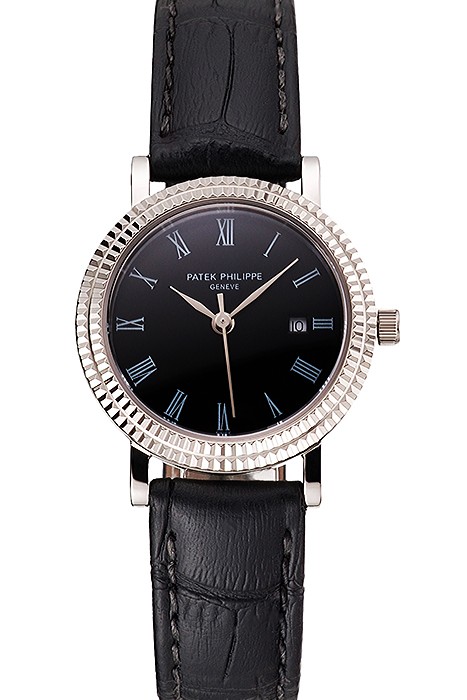 Patek Philippe Calatrava Black Dial Roman Numerals Double Ribbed Bezel Stainless Steel Case Black Leather Strap