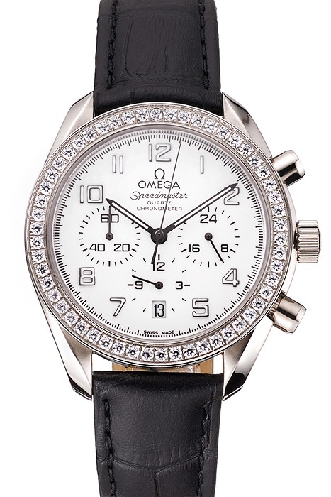 Omega Speedmaster White Dial Stainless Steel Case Diamond Bezel Black Leather Strap