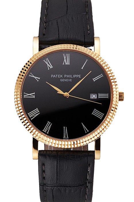 Patek Philippe Calatrava Black Dial Roman Numerals Ribbed Bezel Gold Case Black Leather Strap