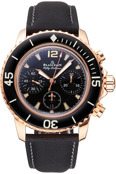 Swiss Blancpain Fifty Fathoms Flyback Chronograph Black Dial Black Bezel Rose Gold Case Black Canvas Strap
