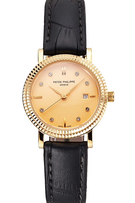 Patek Philippe Calatrava Gold Dial Dimond Hour Marks Double Ribbed Bezel Gold Case Black Leather Strap