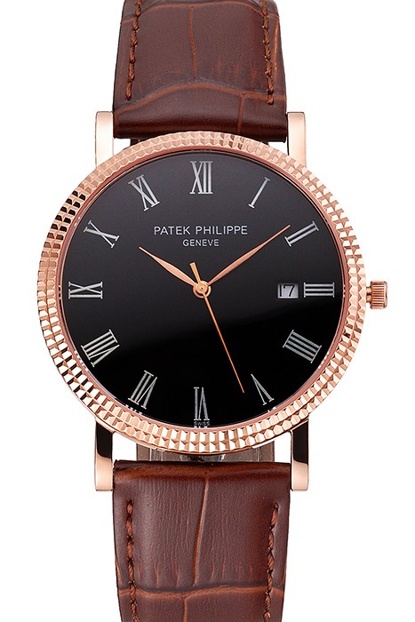 Patek Philippe Calatrava Black Dial Roman Numerals Ribbed Bezel Rose Gold Case Brown Leather Strap