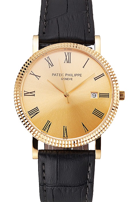 Patek Philippe Calatrava Gold Dial Roman Numerals Ribbed Bezel Gold Case Black Leather Strap