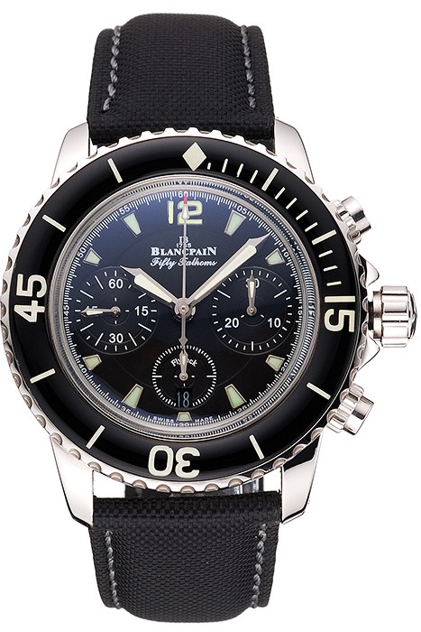 Swiss Blancpain Fifty Fathoms Flyback Chronograph Black Dial Black Bezel Stainless Steel Case Black Canvas Strap