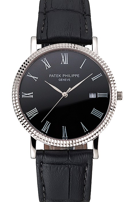 Patek Philippe Calatrava Black Dial Roman Numerals Ribbed Bezel Stainless Steel Case Black Leather Strap