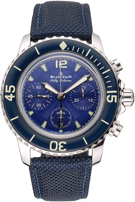 Swiss Blancpain Fifty Fathoms Flyback Chronograph Blue Dial Blue Bezel Stainless Steel Case Blue Canvas Strap