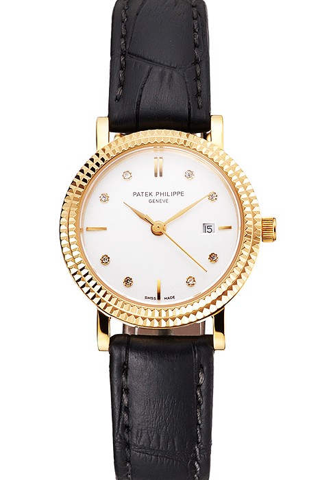 Patek Philippe Calatrava White Dial Diamond Hour Marks Double Ribbed Bezel Gold Case Black Leather Strap