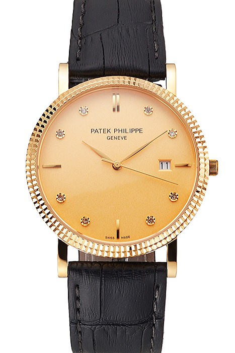 Patek Philippe Calatrava Gold Dial Diamond Hour Marks Ribbed Bezel Gold Case Black Leather Strap