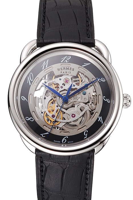 Swiss Hermes Arceau Skeleton Black Dial Blue Hands Stainless Steel Case Black Leather Strap