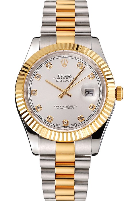 Swiss Rolex Datejust White Dial Gold Bezel Stainless Steel Case Two Tone Bracelet