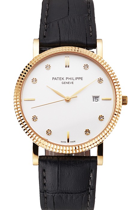 Patek Philippe Calatrava White Dial Diamond Hour Marks Ribbed Bezel Gold Case Black Leather Strap