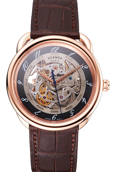 Swiss Hermes Arceau Skeleton Black Dial Brown Hands Rose Gold Case Brown Leather Strap