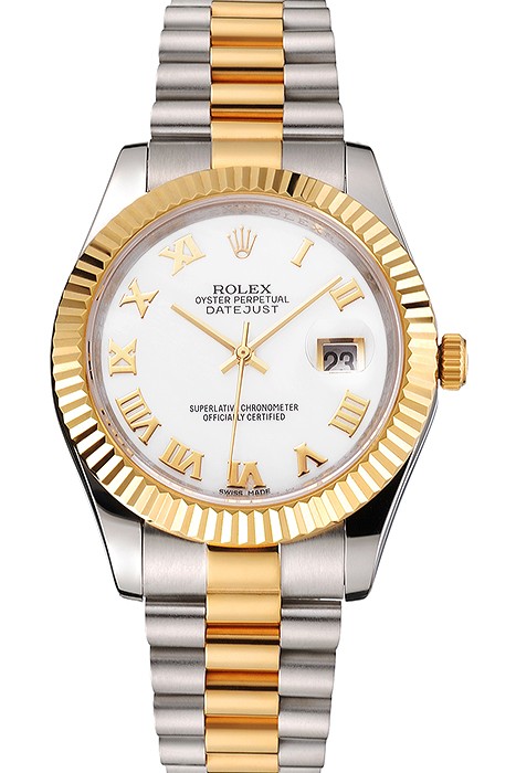 Swiss Rolex Datejust White Dial Roman Numerals Gold Bezel Stainless Steel Case Two Tone Bracelet