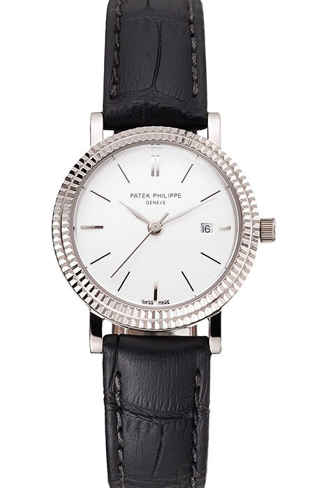 Patek Philippe Calatrava White Dial Double Ribbed Bezel Stainless Steel Case Black Leather Strap
