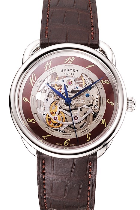 Swiss Hermes Arceau Skeleton Brown Dial Blue Hands Stainless Steel Case Brown Leather Strap