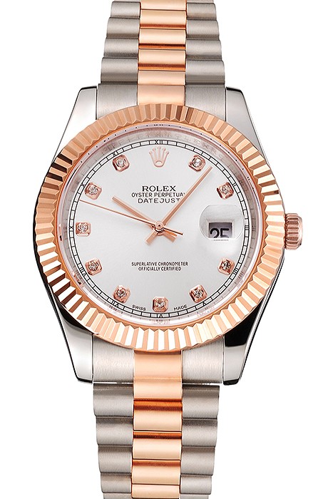 Swiss Rolex Datejust White Dial Rose Gold Bezel Stainless Steel Case Two Tone Bracelet