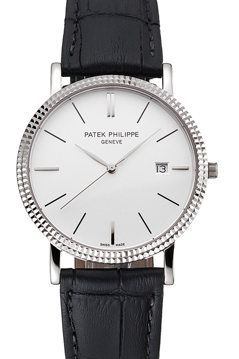 Patek Philippe Calatrava White Dial Ribbed Bezel Stainless Steel Case Black Leather Strap