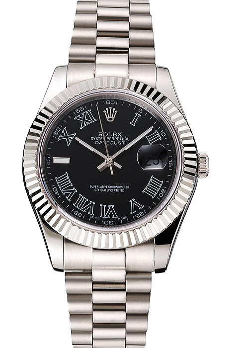 Swiss Rolex Datejust Black Dial Roman Numerals Stainless Steel Case And Bracelet