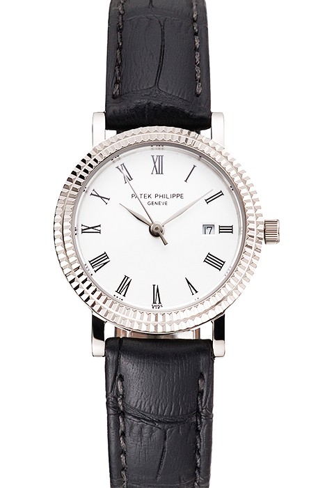 Patek Philippe Calatrava White Dial Roman Numerals Double Ribbed Bezel Stainless Steel Case Black Leather Strap