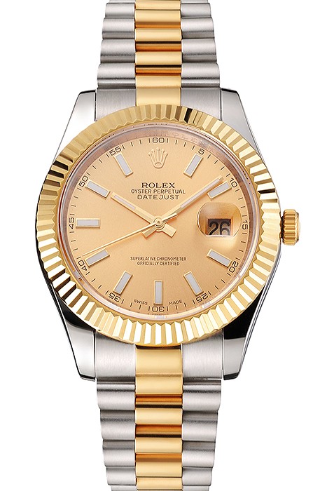 Swiss Rolex Datejust Gold Dial Gold Bezel Stainless Steel Case Two Tone Bracelet