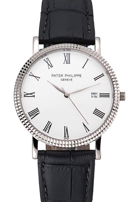 Patek Philippe Calatrava White Dial Roman Numerals Ribbed Bezel Stainless Steel Case Black Leather Strap