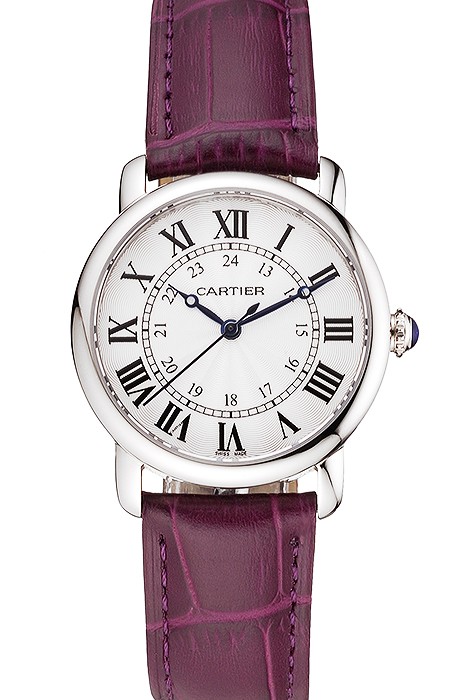Cartier Ronde White Dial Stainless Steel Case Purple Leather Strap