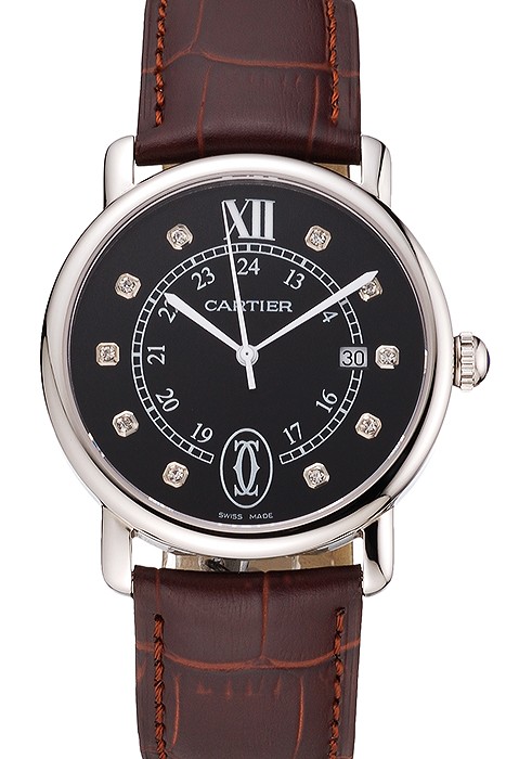 Cartier Ronde Solo Black Dial Diamond Hour Marks Stainless Steel Case Brown Leather Strap