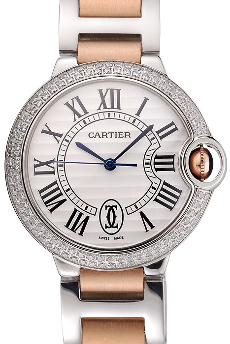 Swiss Ballon Blue De Cartier Diamond Steel Case White Dial Roman Numerals Two Tone Bracelet   622647