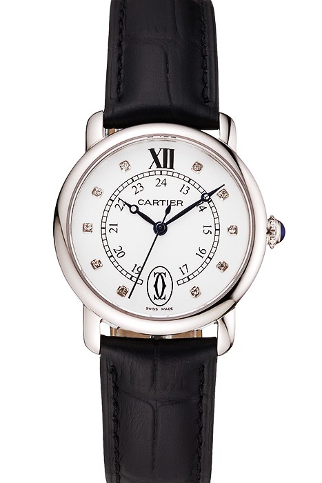 Cartier Ronde White Dial Diamond Hour Marks Stainless Steel Case Black Leather Strap