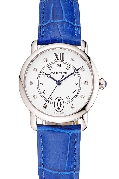 Cartier Ronde White Dial Diamond Hour Marks Stainless Steel Case Blue Leather Strap