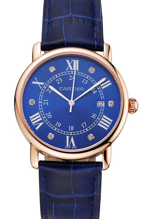 Cartier Ronde Solo Blue Dial Diamond Hour Marks Rose Gold Case Blue Leather Strap