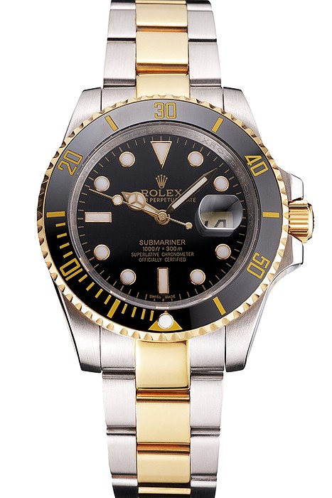 Swiss Rolex Submariner Black Dial And Bezel Two Tone Steel Gold Bracelet