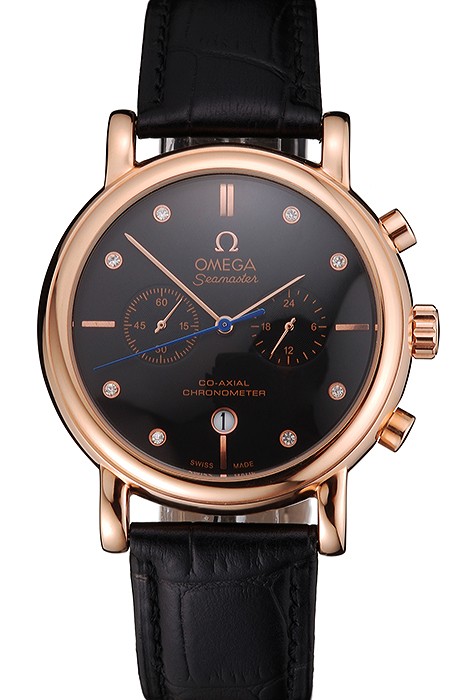 Omega Seamaster Vintage Chronograph Black Dial Diamond Hour Marks Rose Gold Case Black Leather Strap
