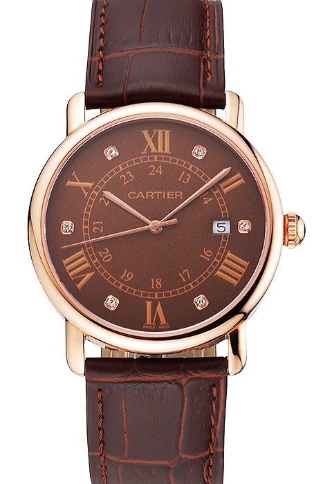 Cartier Ronde Solo Brown Dial Diamond Hour Marks Rose Gold Case Brown Leather Strap