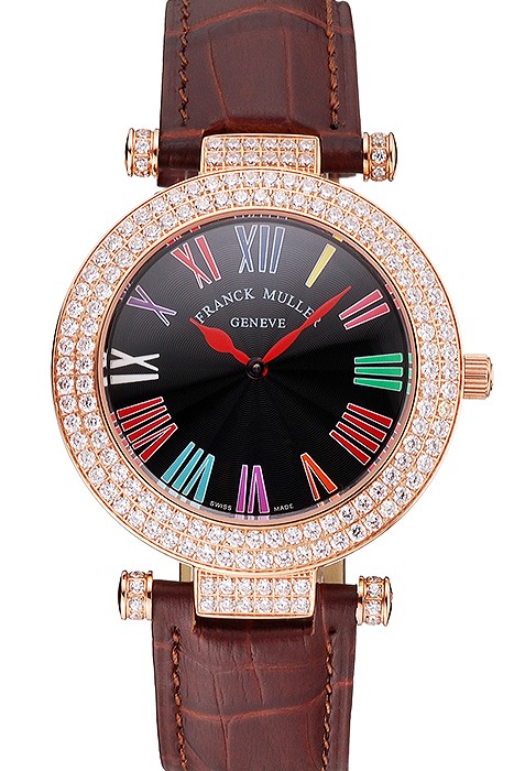 Franck Muller Double Mistery Ronde Black Dial Rose Gold Case Brown Leather Strap