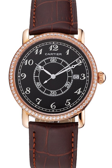 Cartier Ronde Solo Black Dial Diamond Bezel Rose Gold Case Brown Leather Strap