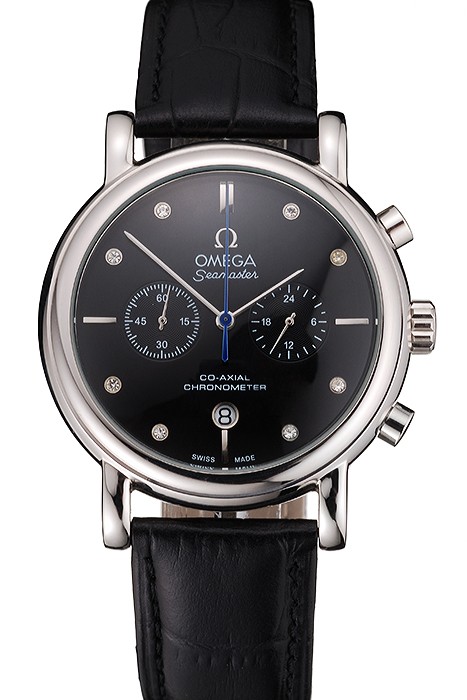 Omega Seamaster Vintage Chronograph Black Dial Diamond Hour Marks Stainless Steel Case Black Leather Strap