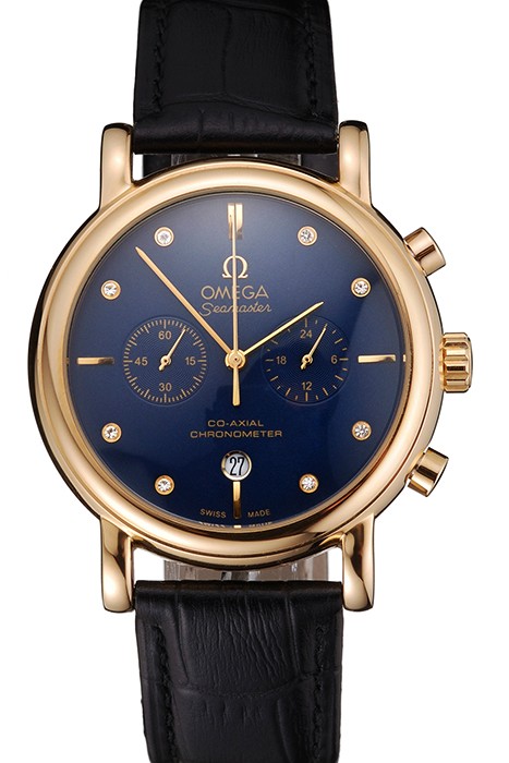 Omega Seamaster Vintage Chronograph Blue Dial Diamond Hour Marks Gold Case Black Leather Strap