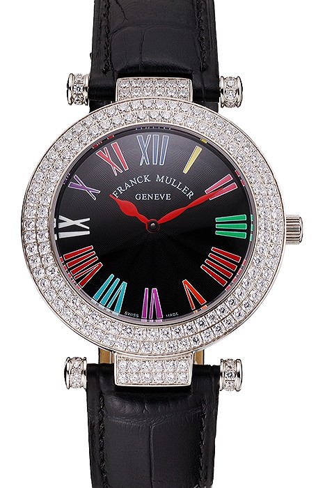 Franck Muller Double Mistery Ronde Black Dial Stainless Steel Case Black Leather Strap