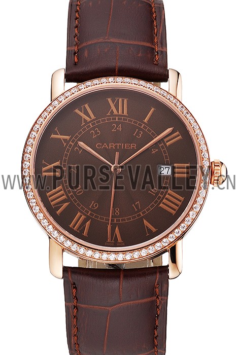 Cartier Ronde Solo Brown Dial Diamond Bezel Rose Gold Case Brown Leather Strap