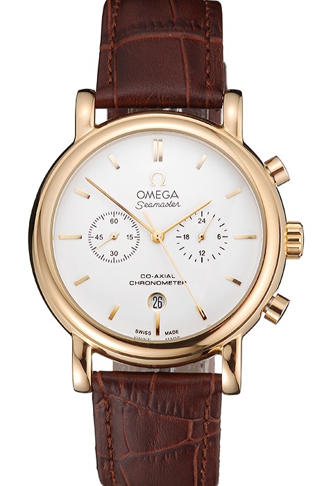 Omega Seamaster Vintage Chronograph White Dial Gold Case Brown Leather Strap