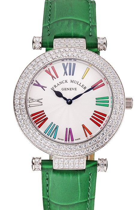 Franck Muller Double Mistery Ronde White Dial Stainless Steel Case Green Leather Strap