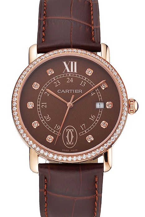 Cartier Ronde Solo Brown Dial Diamond Hour Marks And Bezel Rose Gold Case Brown Leather Strap