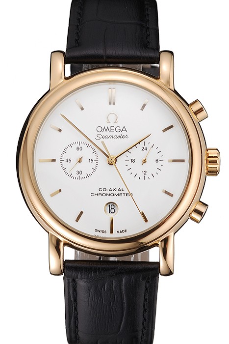 Omega Seamaster Vintage Chronograph White Dial Gold Case Black Leather Strap