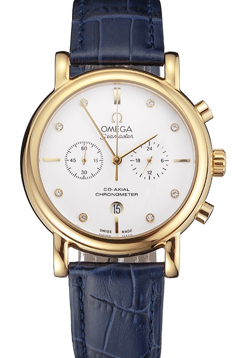 Omega Seamaster Vintage Chronograph White Dial Diamond Hour Marks Gold Case Blue Leather Strap