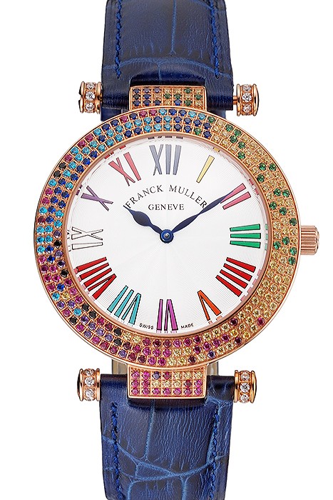 Franck Muller Double Mistery 4 Saisons White Dial Rose Gold Case Blue Leather Strap