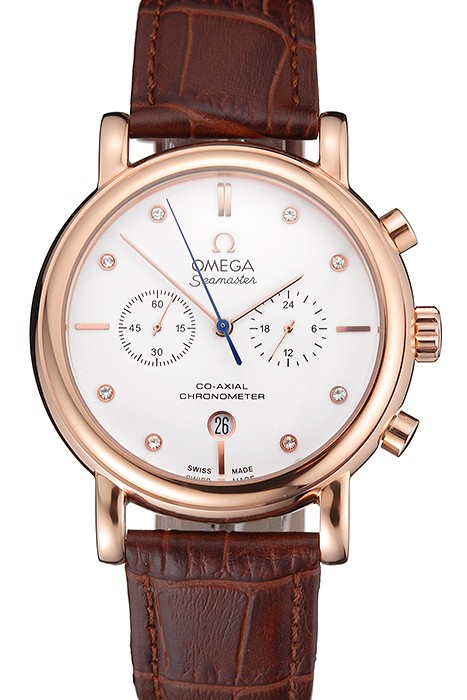 Omega Seamaster Vintage Chronograph White Dial Diamond Hour Marks Rose Gold Case Brown Leather Strap