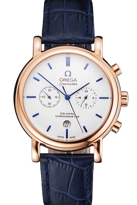 Omega Seamaster Vintage Chronograph White Dial Blue Hour Marks Rose Gold Case Blue Leather Strap
