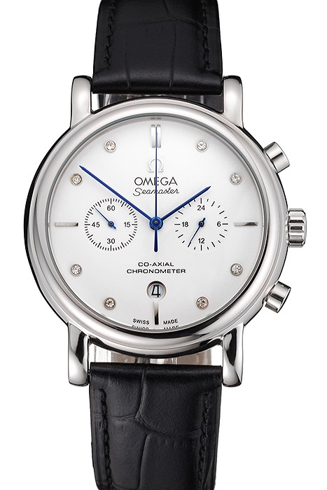 Omega Seamaster Vintage Chronograph White Dial Diamond Hour Marks Stainless Steel Case Black Leather Strap